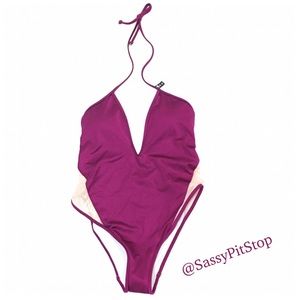 VS PINK One Piece Plunge Front Purple Pink Metallic Shimmer Mesh Swimsuit